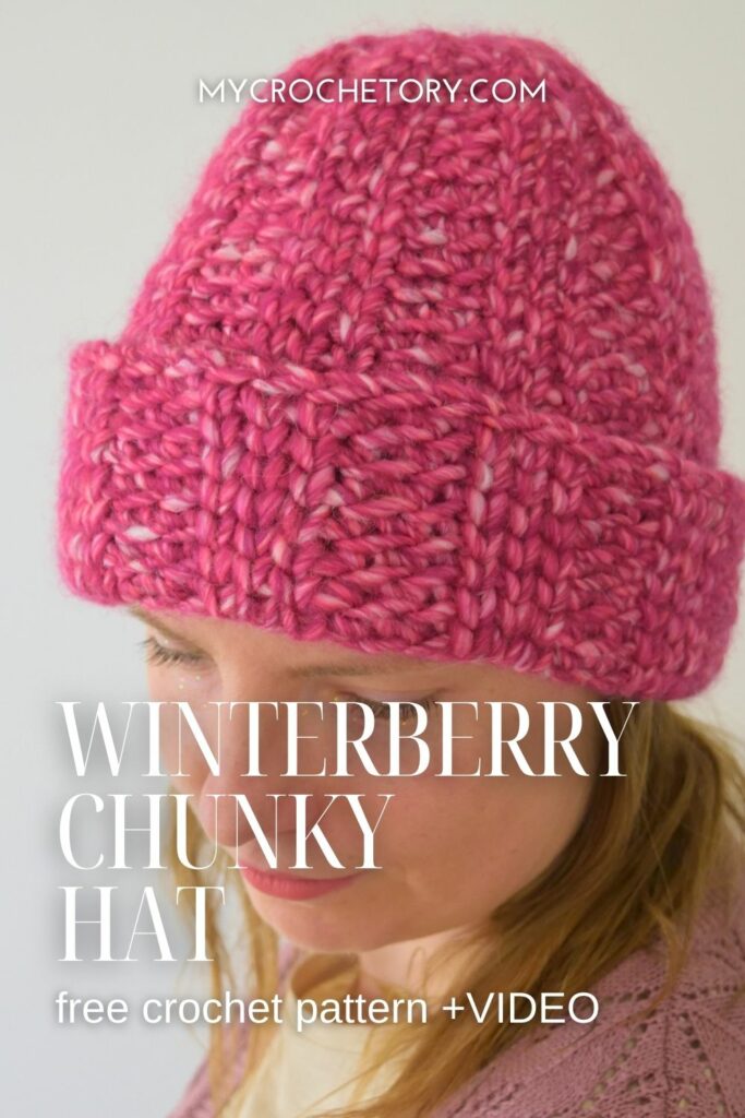 Winterberry Chunky Hat free crochet pattern pin with pink hat and title text.