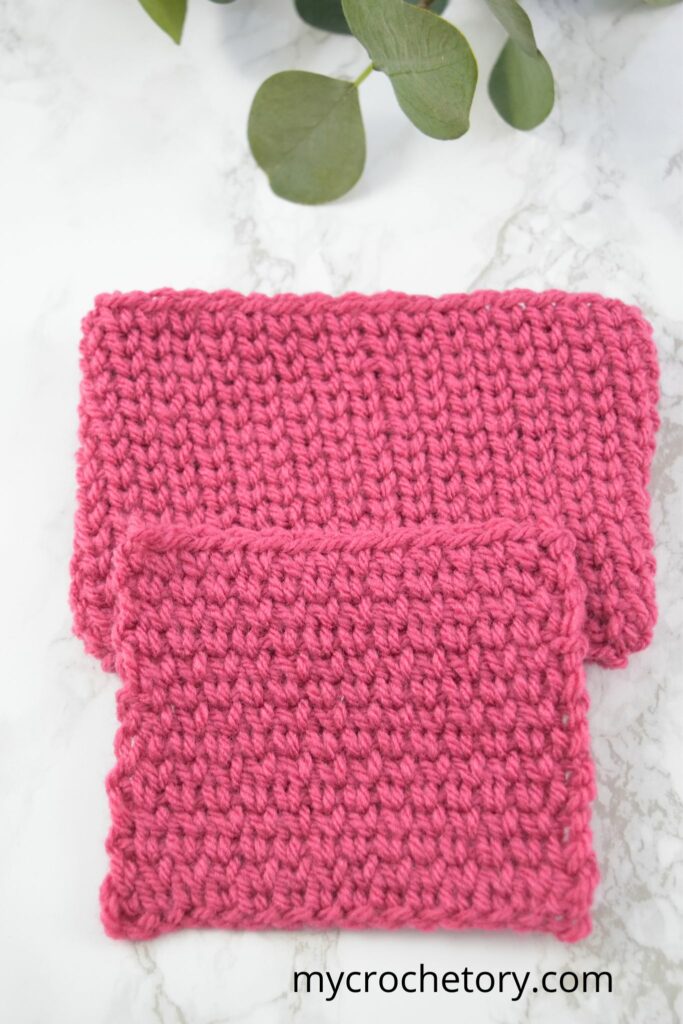 Two samples of crochet waistcoat stitch, one in rounds and one in rows.