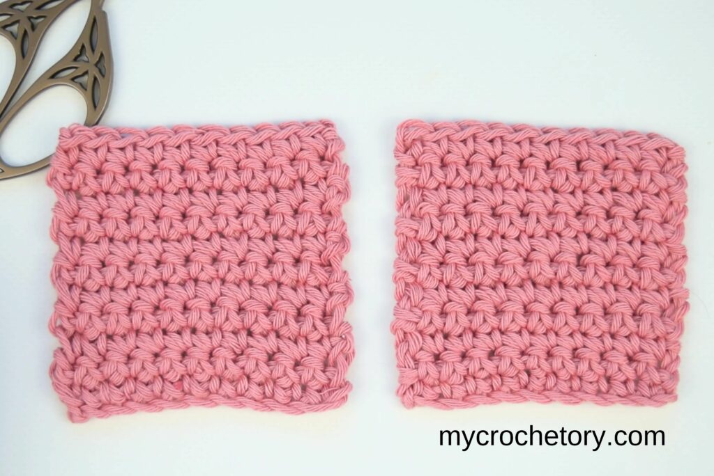 Comparison of crochet edges: standard vs. High Loop Start method for how to crochet straight edges.