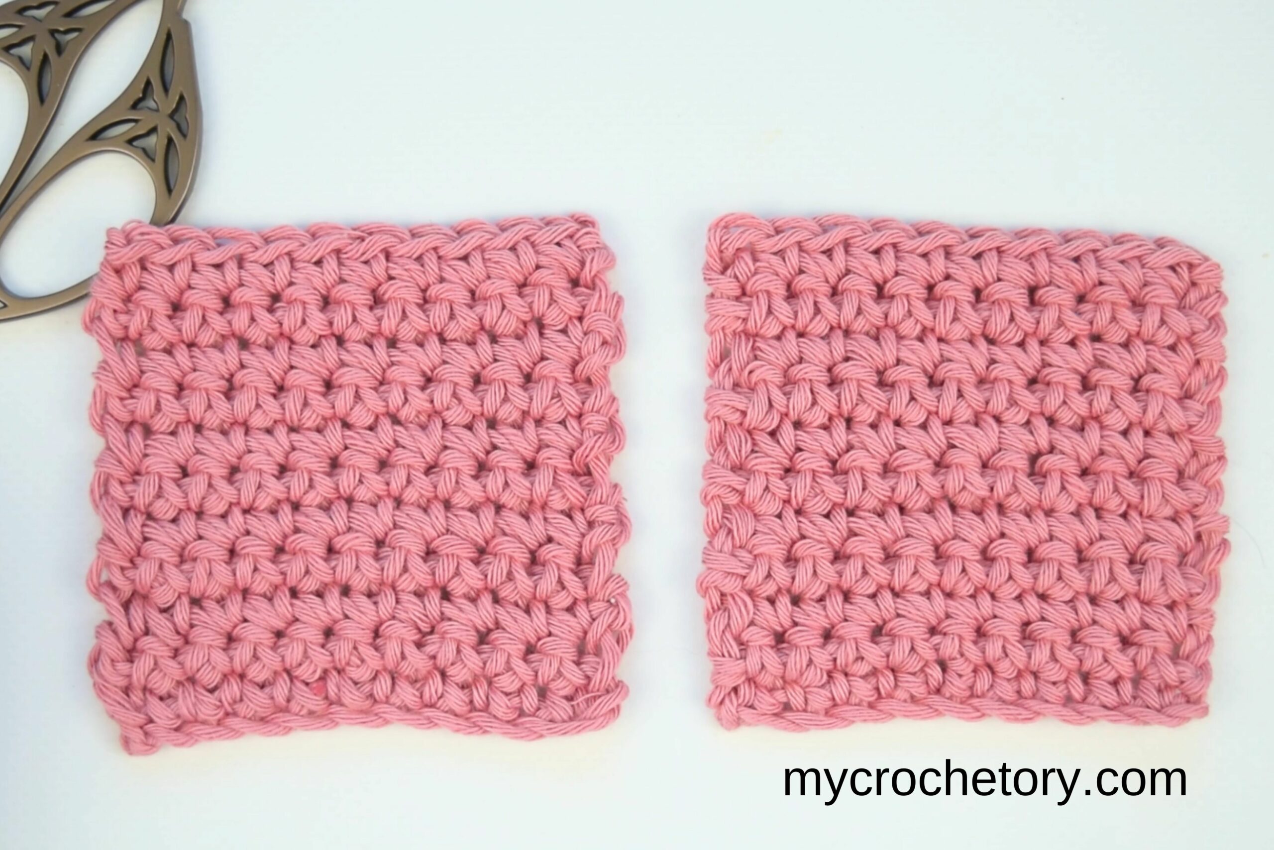 Two pink crochet swatches with straight edges