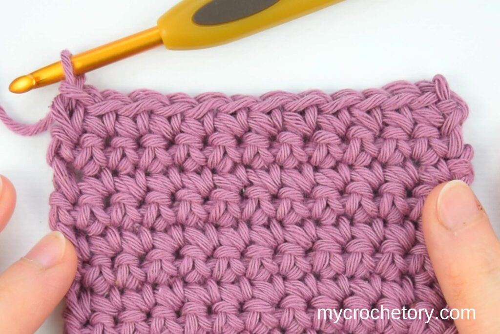Tight single crochet stitches in progress on a medium‑weight yarn swatch | free crochet tutorials for beginners