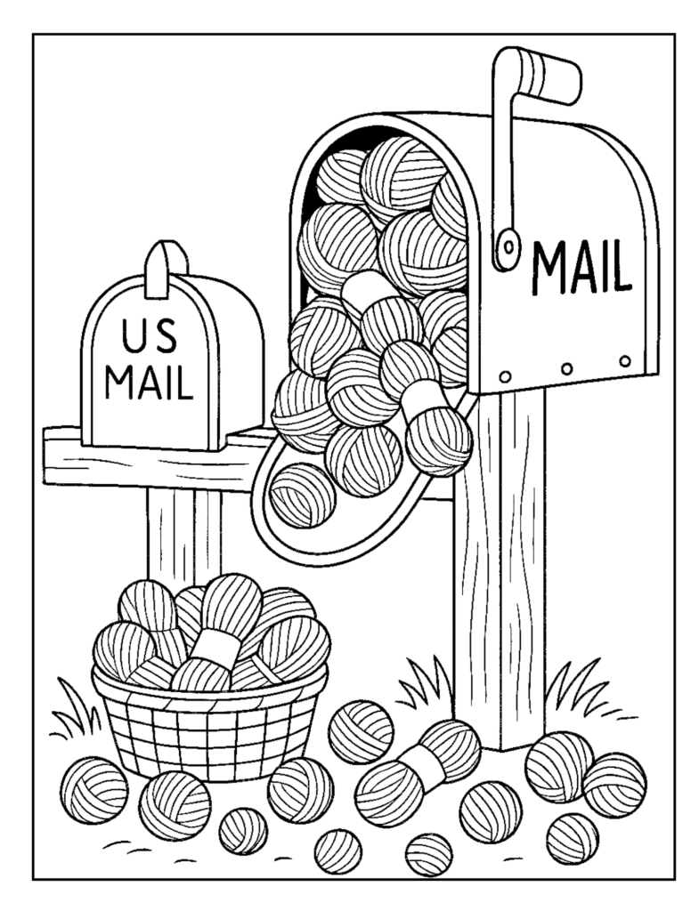 Black-and-white line art of a mailbox overflowing with yarn balls from a crochet coloring book.