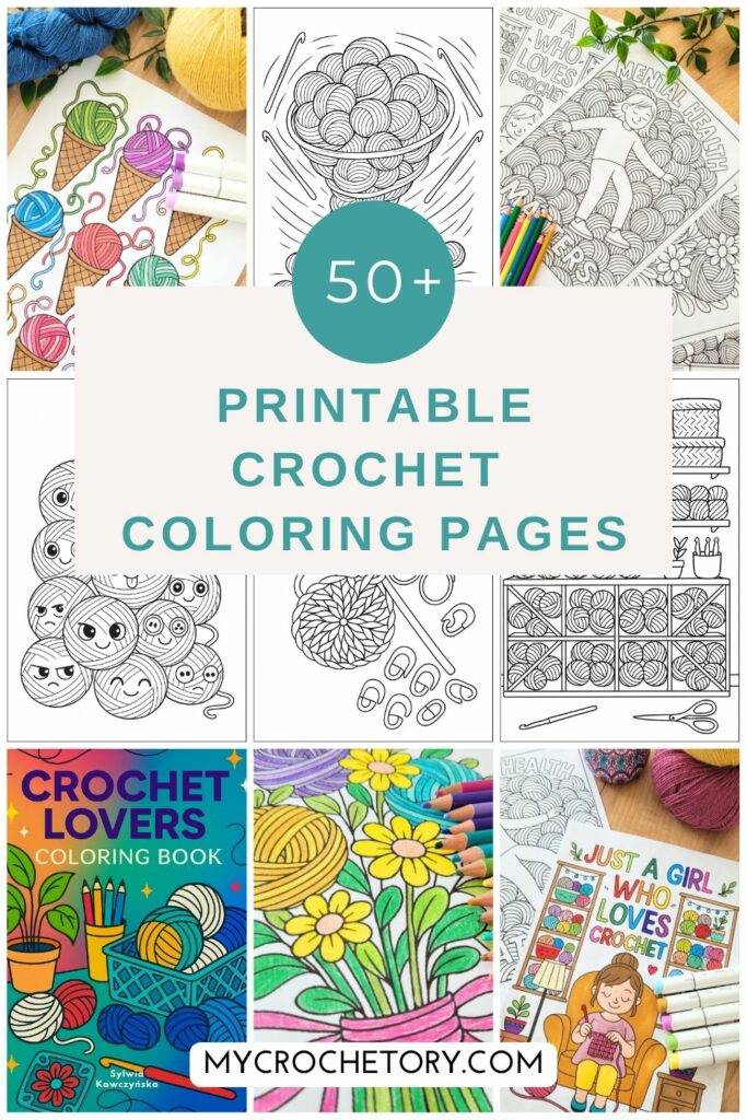 Grid of nine crochet coloring book pages featuring yarn cones, yarn piles, and finished colored sheets.