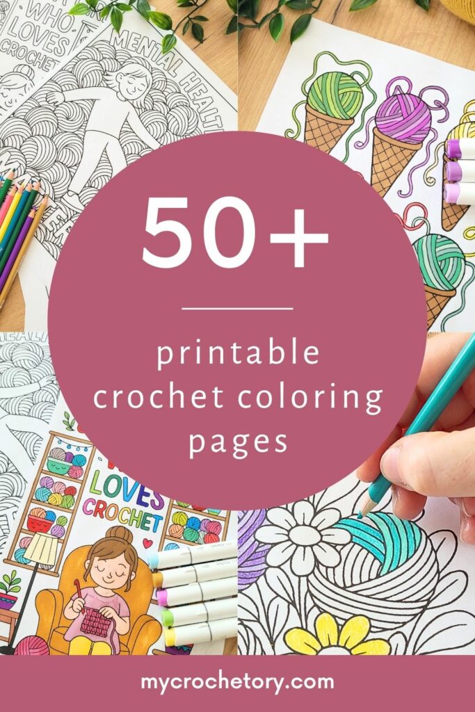 Four-panel view from a crochet coloring book: yarn cones, girl crocheting, mental health yarn pile, and yarn bouquet
