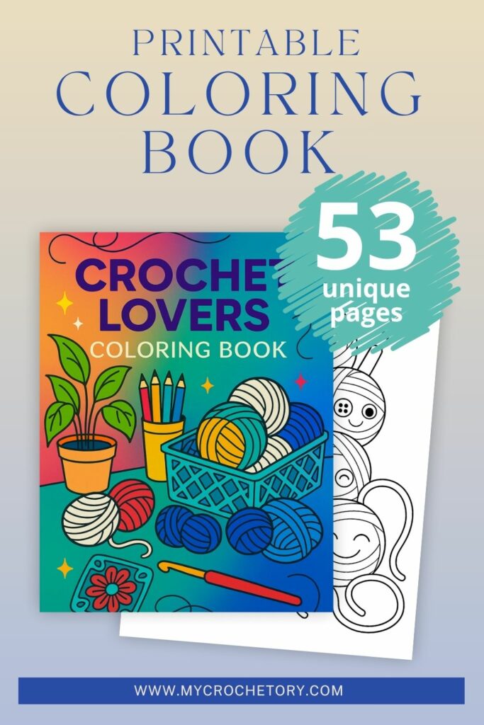 Digital cover of a crochet coloring book showing a yarn basket, coloring pencils, and ‘printable PDF’ tag.