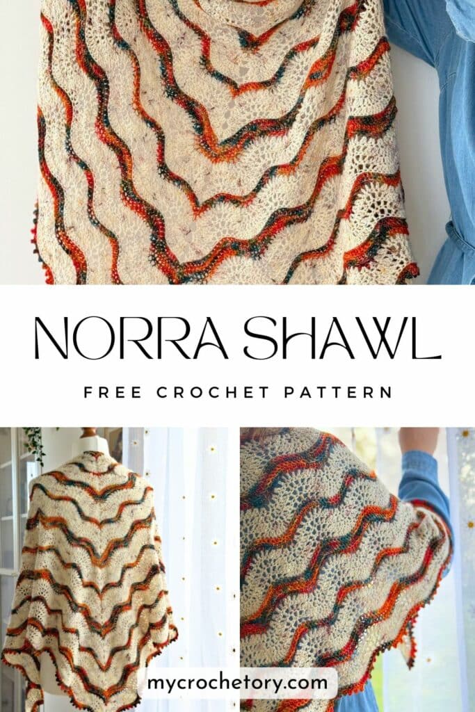 Pinterest graphic for the Norra boho shawl crochet pattern featuring full and detail views.