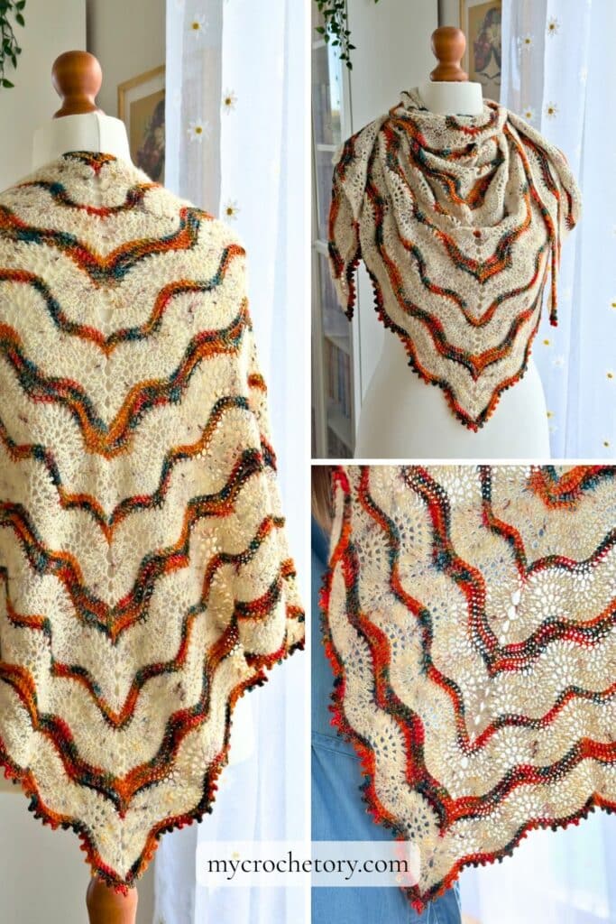 Collage pin showing the Norra boho shawl crochet pattern on a mannequin and in close-up.
