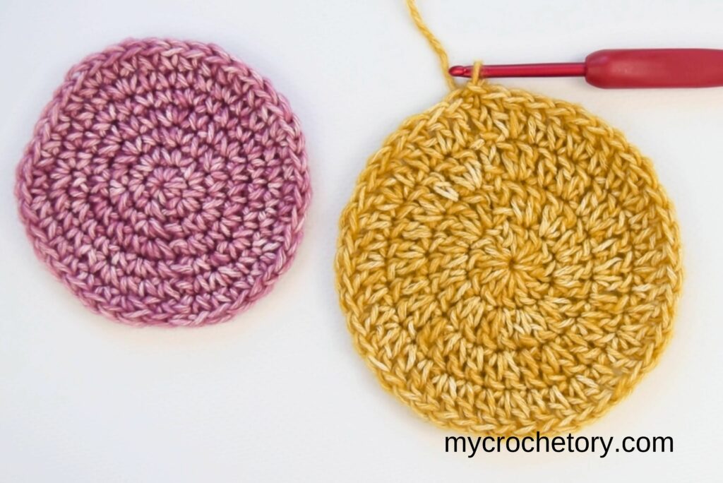 Two crochet circles side by side showing correct stitch distribution and smooth flat edges for a perfect round shape