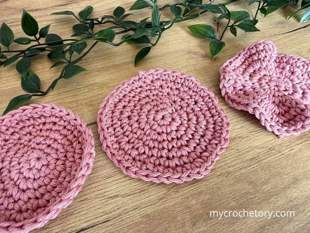 Three crochet circle examples showing tension issues: one shaped like a bowl, one perfectly flat, and one curling upward