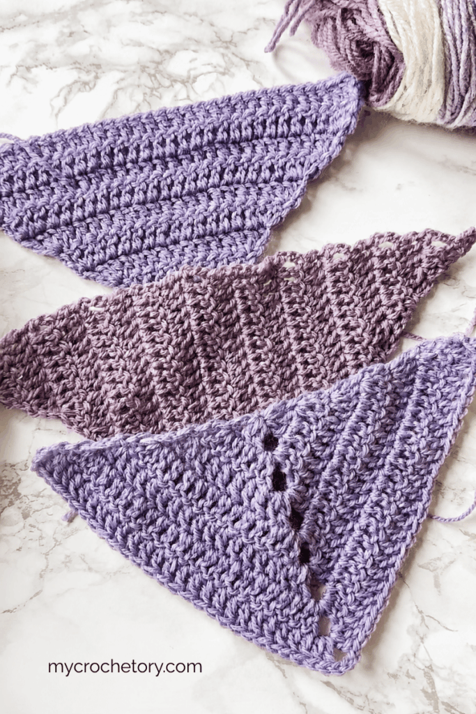 Three crochet triangle shawl samples showing top down bottom up and tip to tip shawl construction