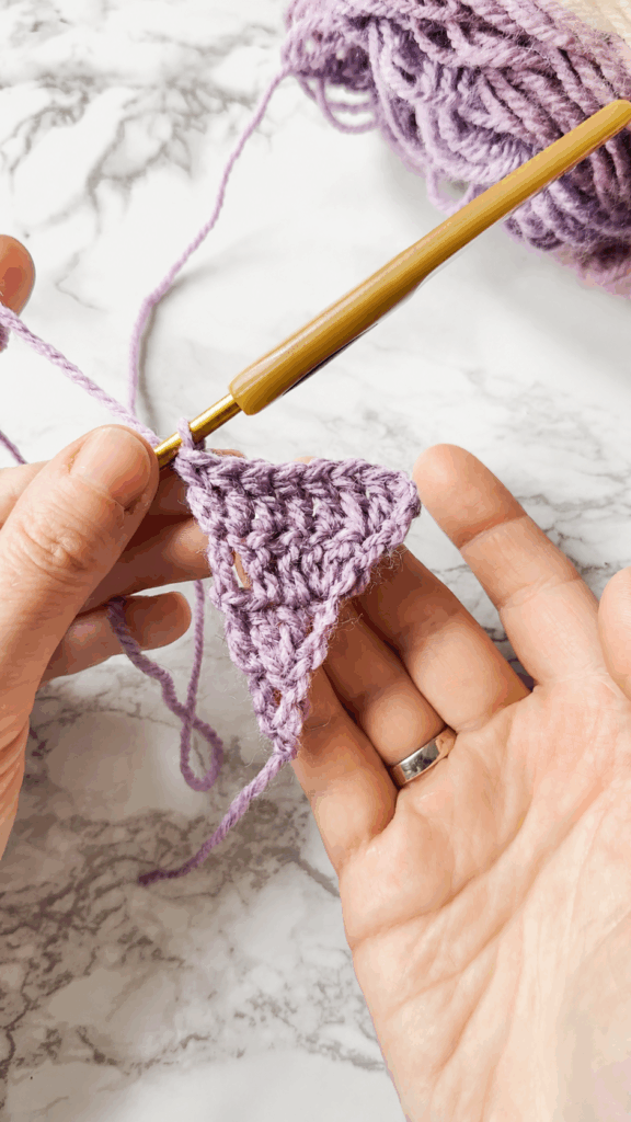 Center section of a tip to tip triangle crochet shawl before decreasing begins