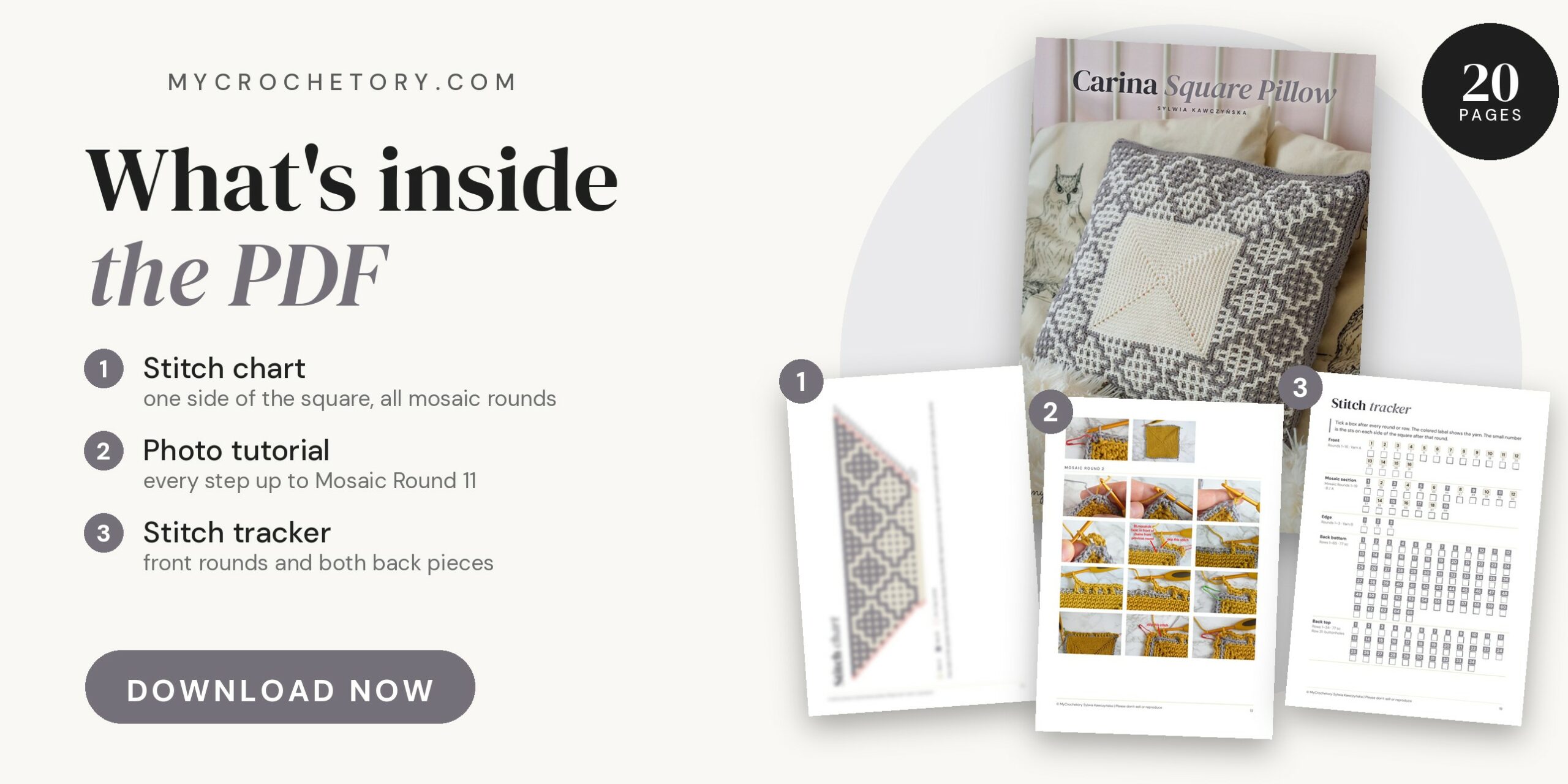 Carina Square Pillow printable PDF pattern pages, 20 pages with a photo tutorial, buy now banner