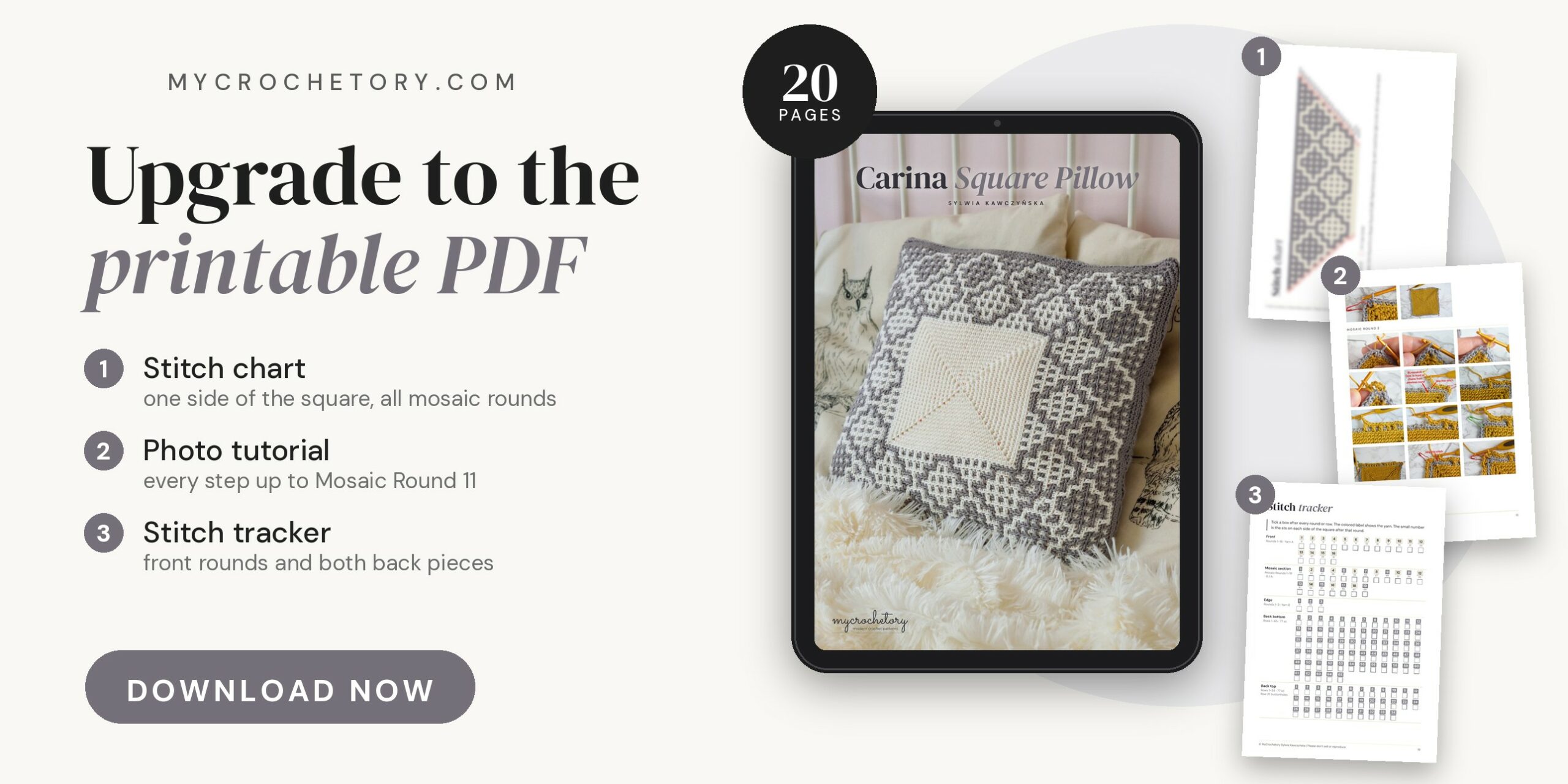 Carina Square Pillow PDF pattern shown on a tablet, buy now banner