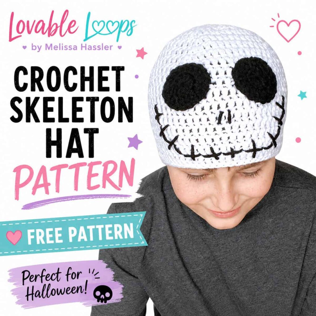 White crochet skeleton hat with a black skull face worn by a boy, free Halloween hat pattern