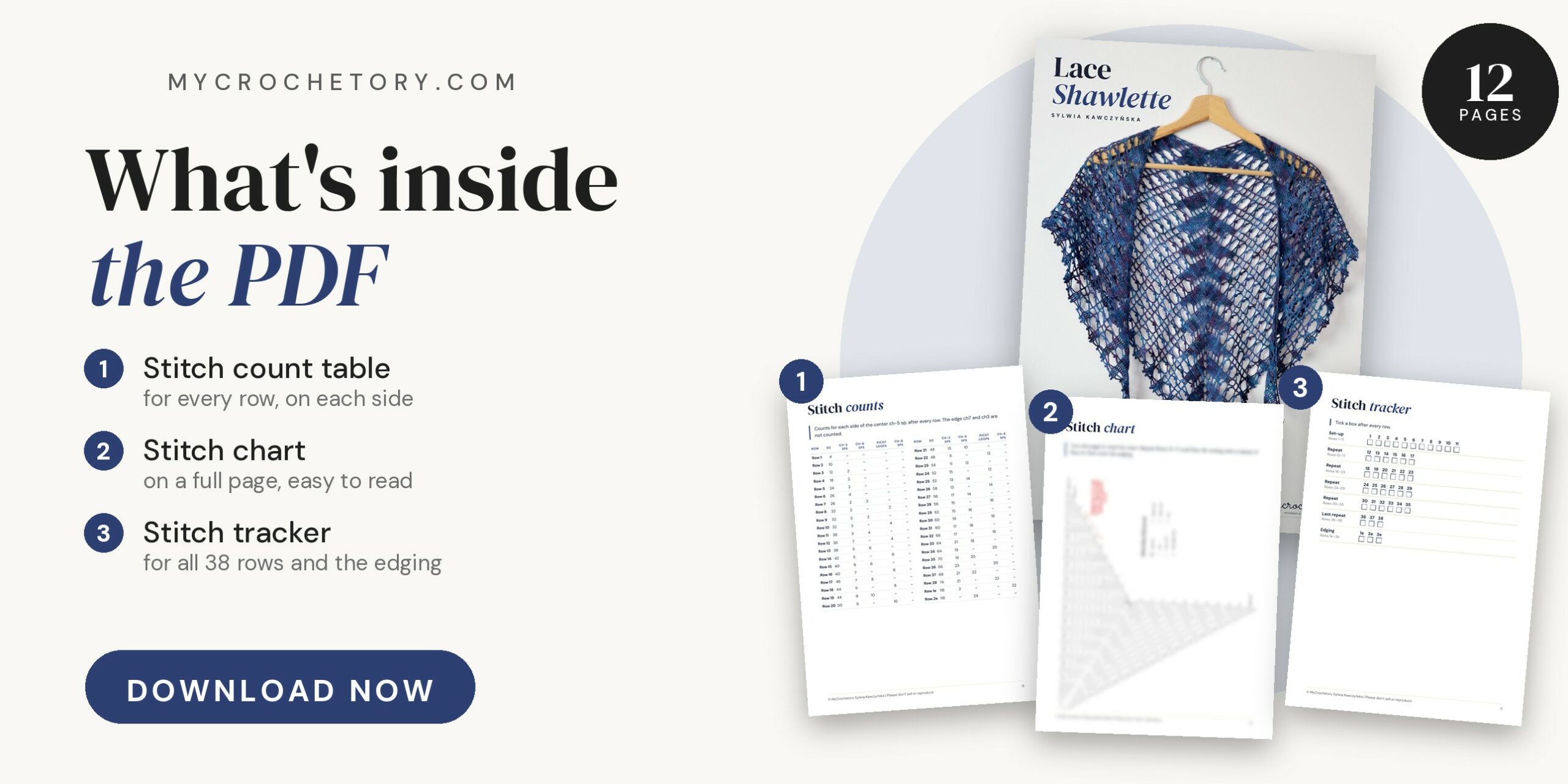 Pages of the printable Lace Shawlette PDF pattern