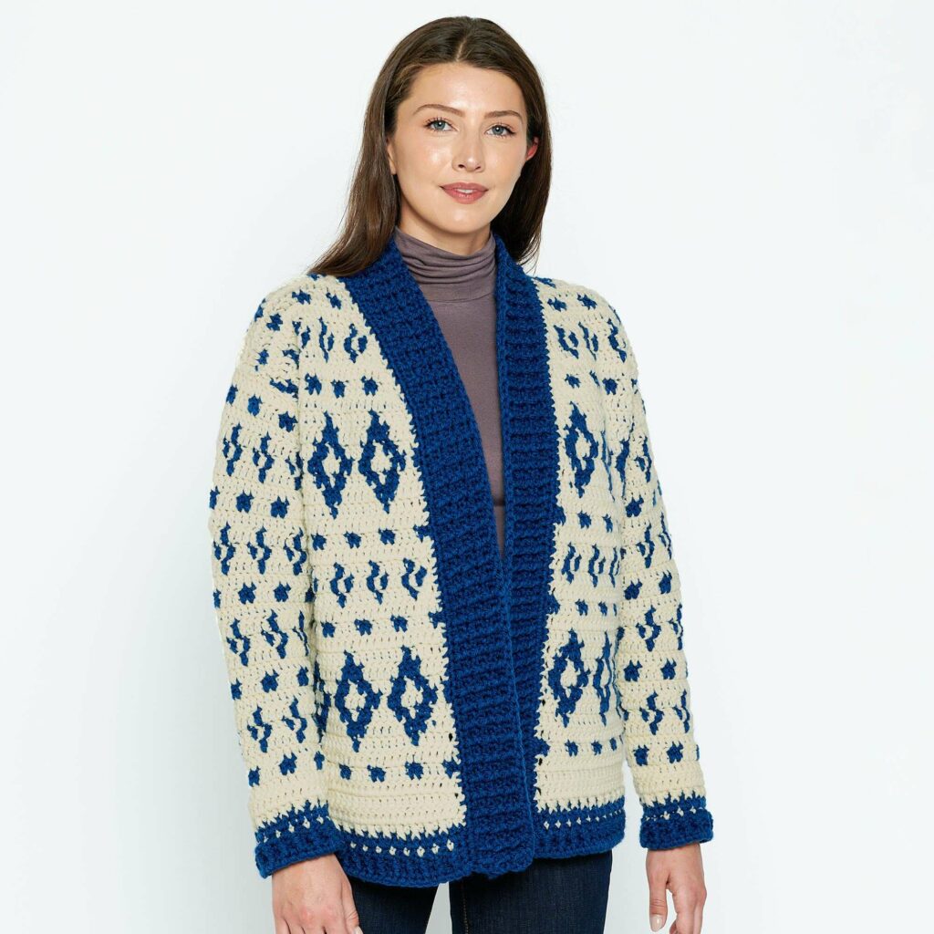 Crochet Fair Isle cardigan in cream with navy blue Nordic diamond motifs