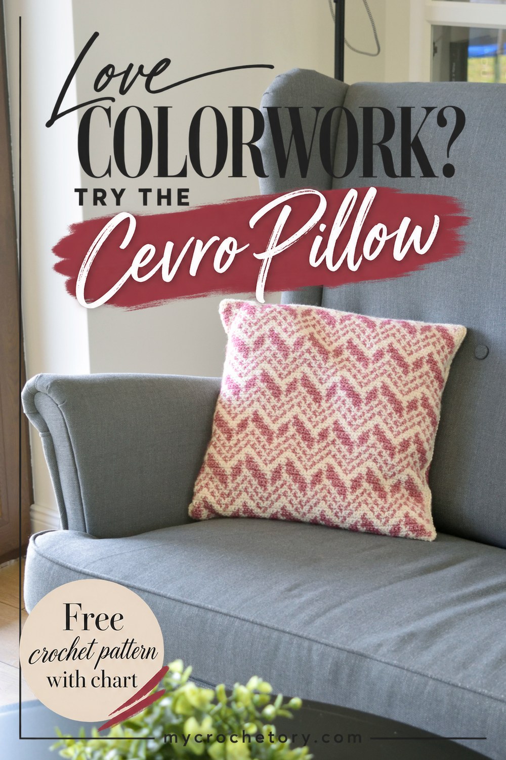 Intarsia crochet pillow pin: Cevro Pillow free crochet pattern