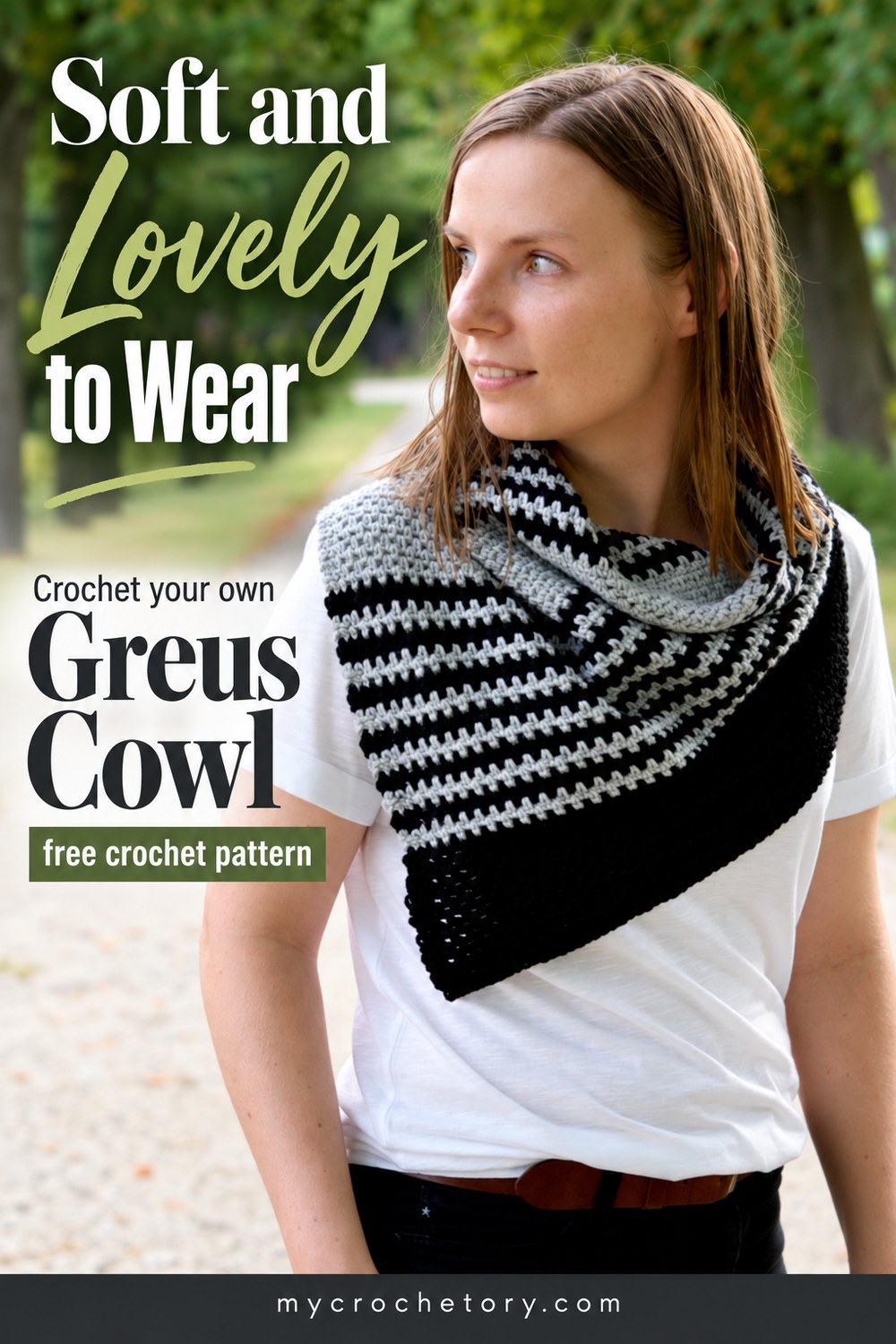 Soft and lovely to wear pin, Greus asymmetrical crochet cowl free pattern
