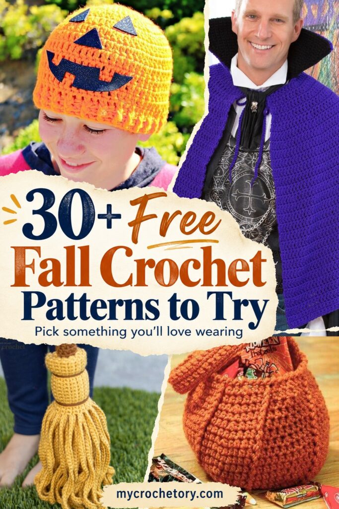 Free fall crochet patterns pin with a jack-o-lantern hat, vampire cape, witch's broom and pumpkin bag