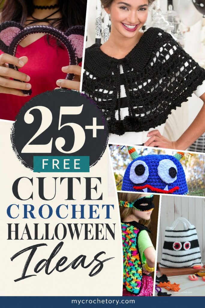 25+ free cute crochet Halloween ideas pin with a black crochet capelet, monster hat, neon superhero cape and mummy treat bag