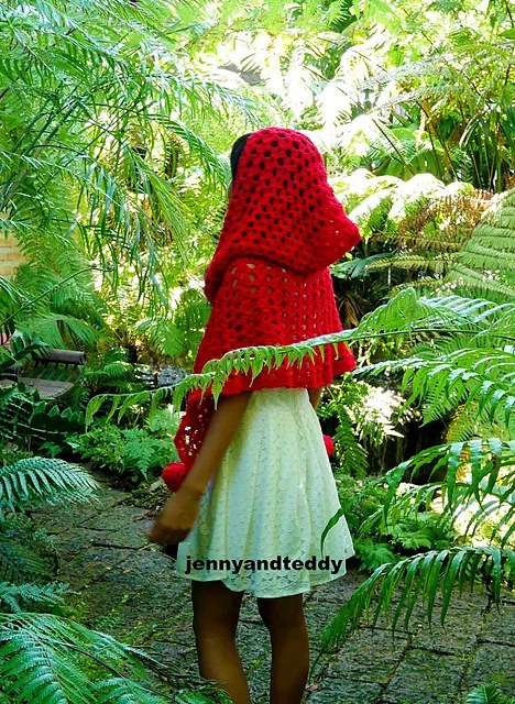 Red crochet hooded cape with an open lace stitch, Little Red Riding Hood Halloween costume