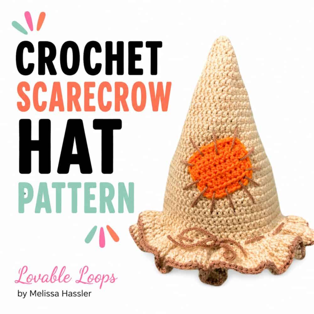 Tan crochet scarecrow hat with a pointed crown, ruffled brim and orange patch, free pattern