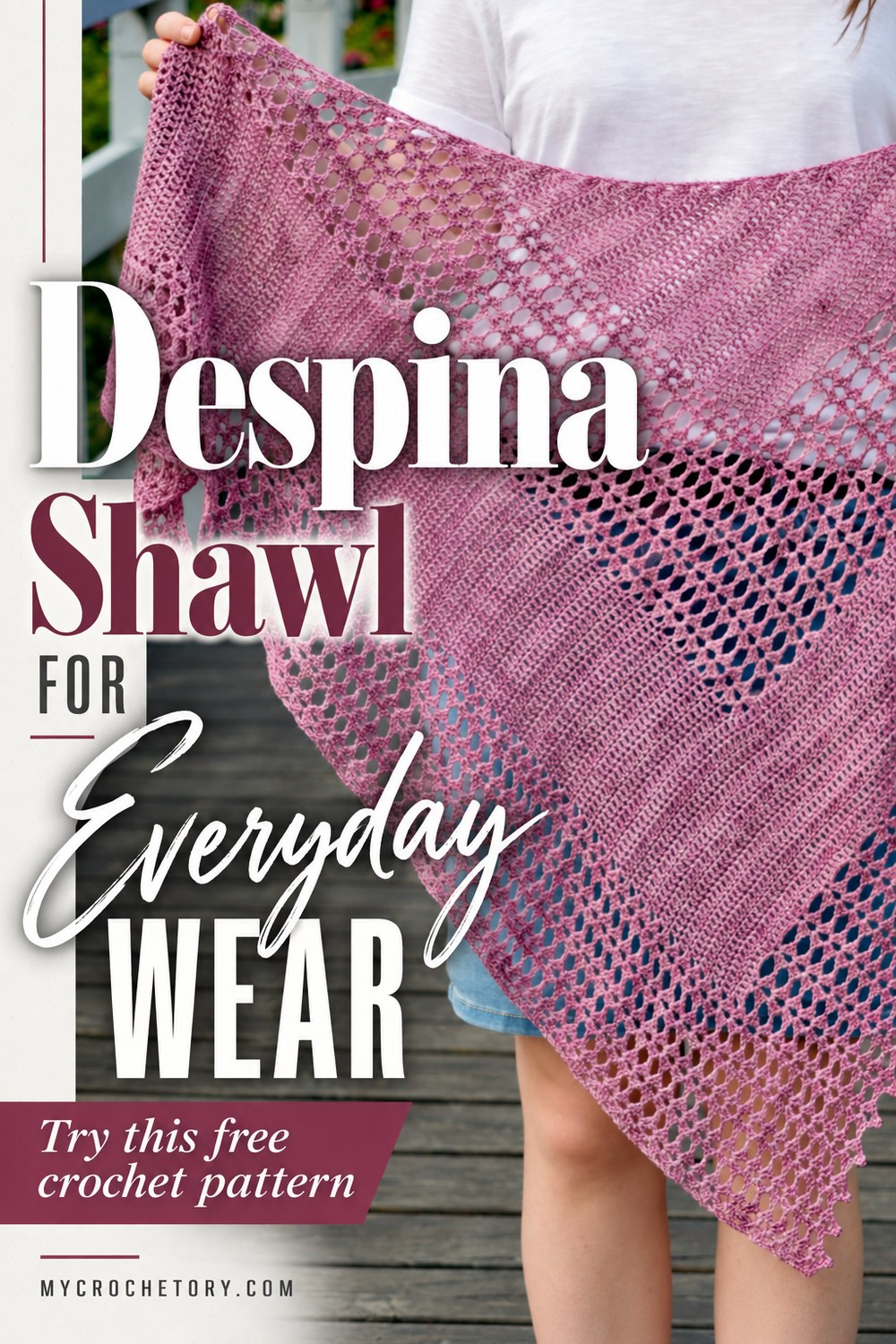Pin for the Despina Shawl, a free lacy crochet shawl pattern for everyday wear