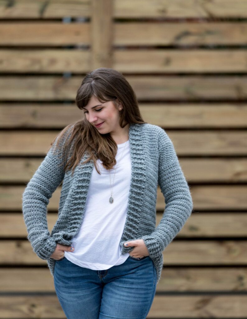 Everyday crochet cardigan in gray with chunky knit-look ribbing, worn with a white tee and jeans