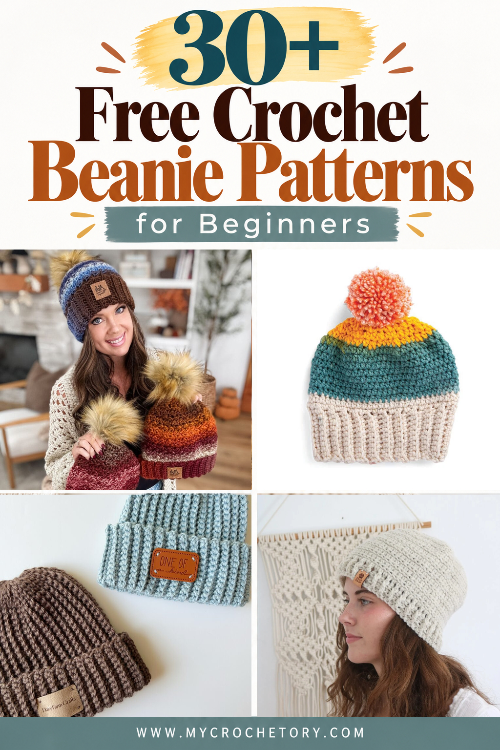 Free crochet beanie patterns for beginners Pinterest pin with 30+ easy crochet hats, including pom pom and ribbed beanies