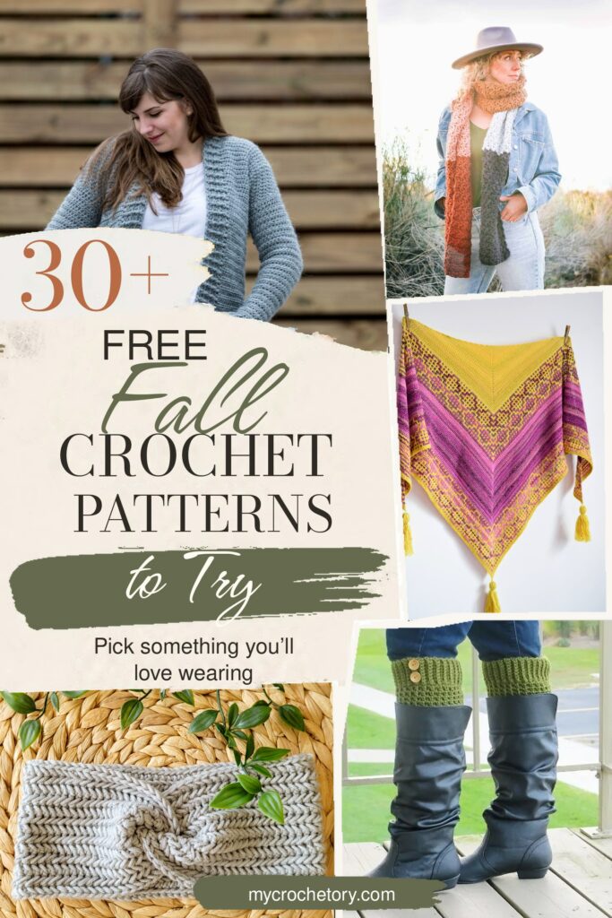 	Collage of free fall crochet patterns with a gray cardigan, color-block scarf, mosaic shawl, twisted headband and boot cuffs