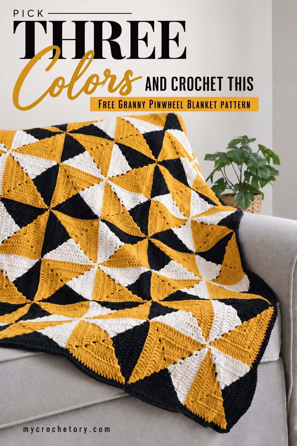 Pick three colors and crochet this pin, free Granny Pinwheel Blanket pattern on a gray sofa