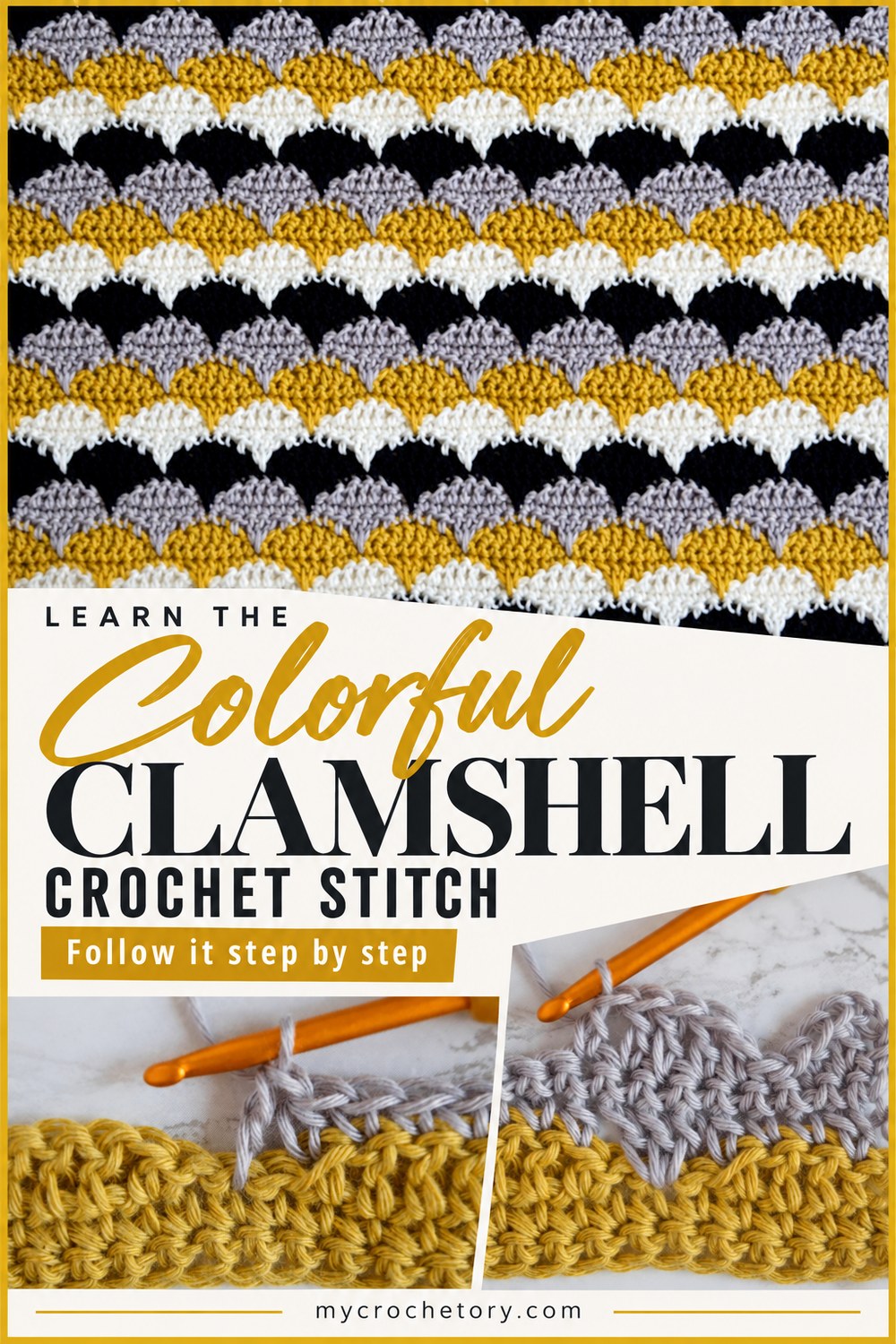 Pin for the clamshell crochet stitch tutorial with a striped scalloped swatch