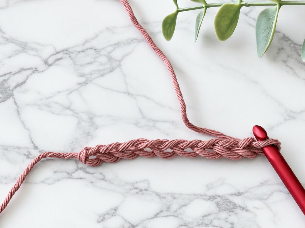 9 crochet chains on the hook, slip knot on the left