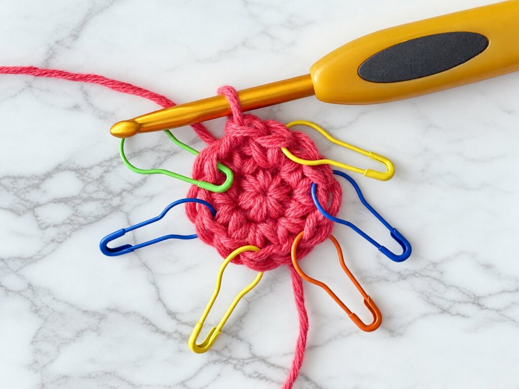 Crochet circle round 2 with 12 stitches and stitch markers in the increases