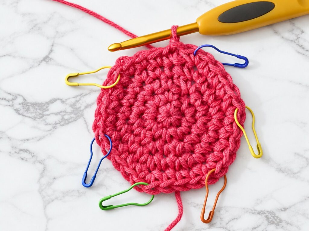 How to read crochet charts in the round, a flat crochet circle with 30 stitches and stitch markers