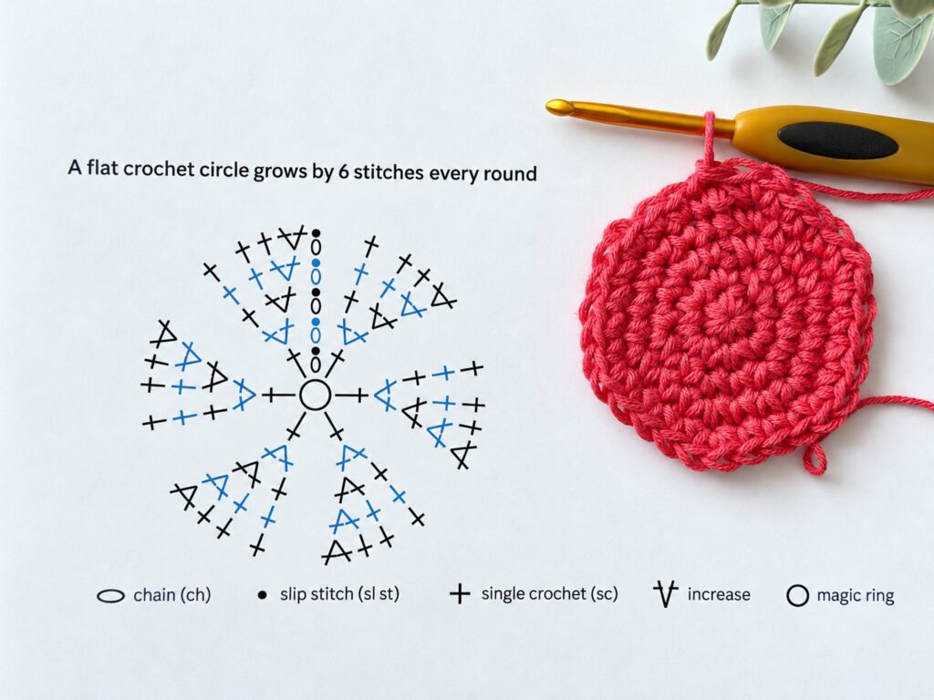 How to read crochet charts, a single crochet circle chart next to the finished crocheted circle