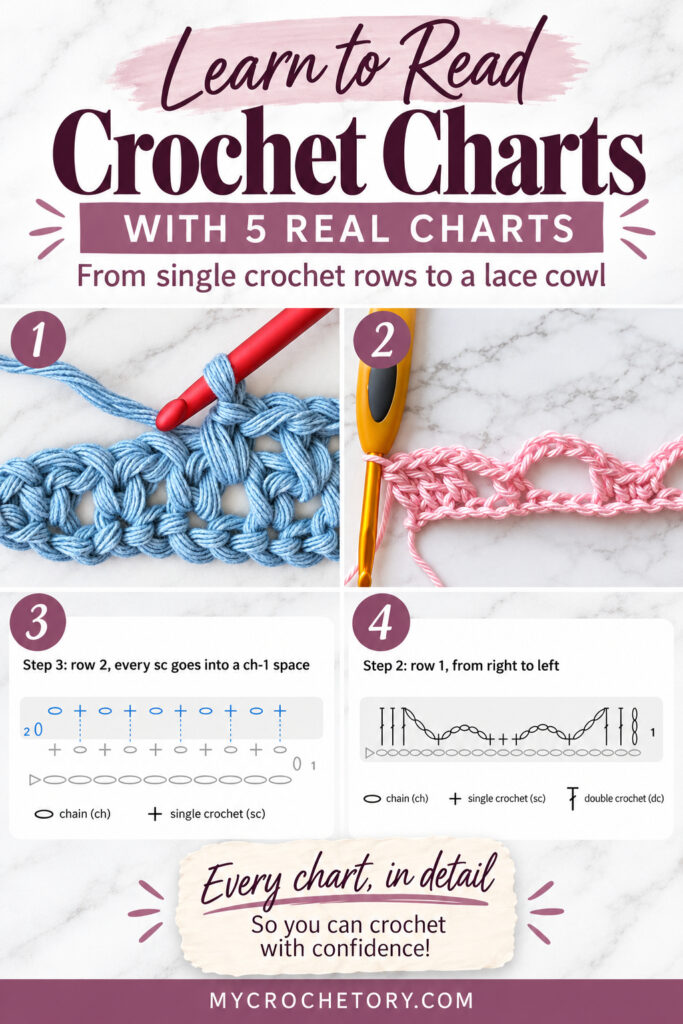 Learn to read crochet charts with 5 real charts, pin with crochet swatches and their step-by-step charts