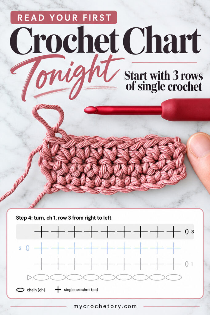 Read your first crochet chart tonight, pin with 3 rows of single crochet and the matching crochet chart