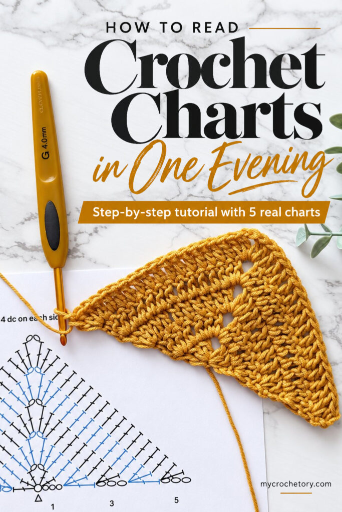 How to read crochet charts in one evening, pin with a crochet triangle shawl swatch next to its printed crochet chart