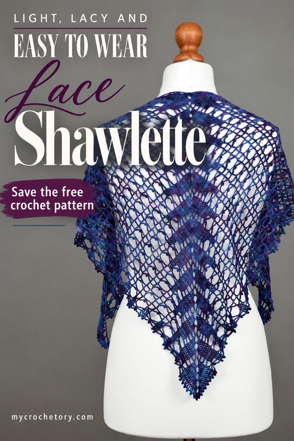 Pin for the free crochet shawlette pattern with the navy Lace Shawlette on a hanger