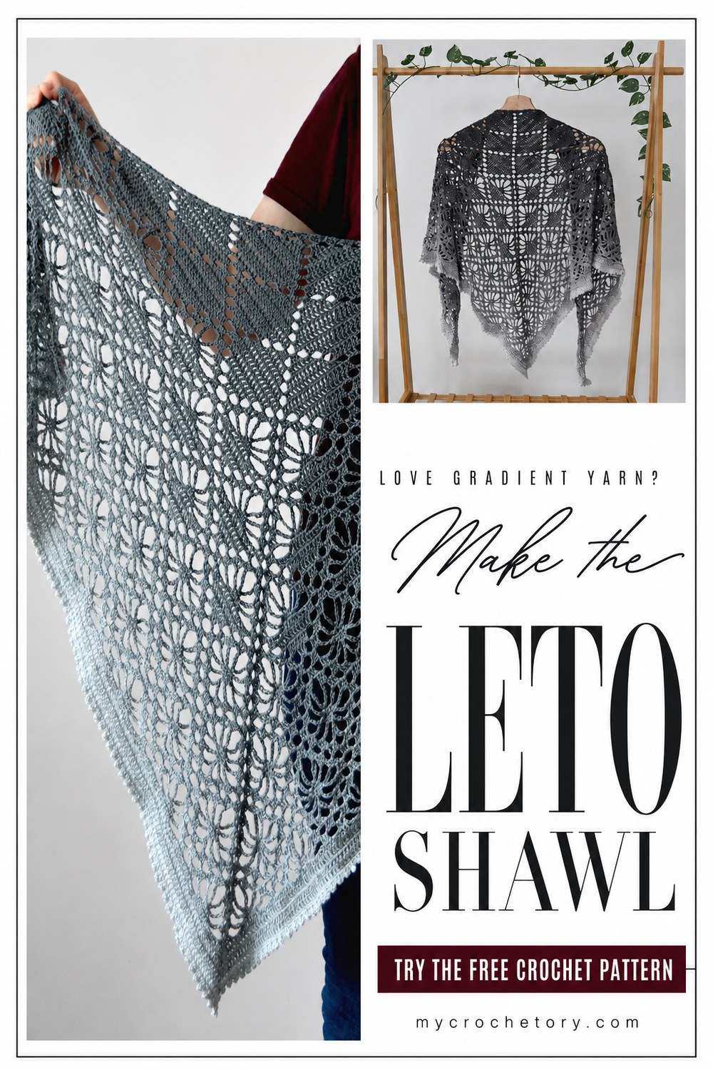 Diamond lace crochet shawl pin, the Leto Shawl free crochet pattern in a gray gradient