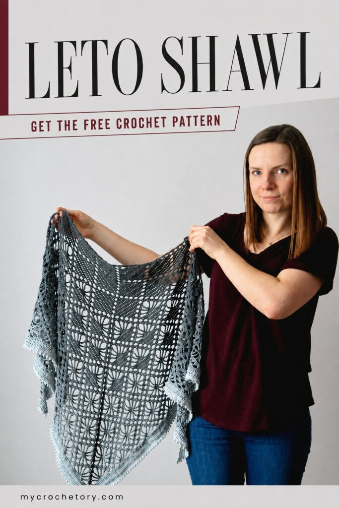 Leto Shawl free crochet pattern pin, woman holding a gray gradient lace triangle shawl
