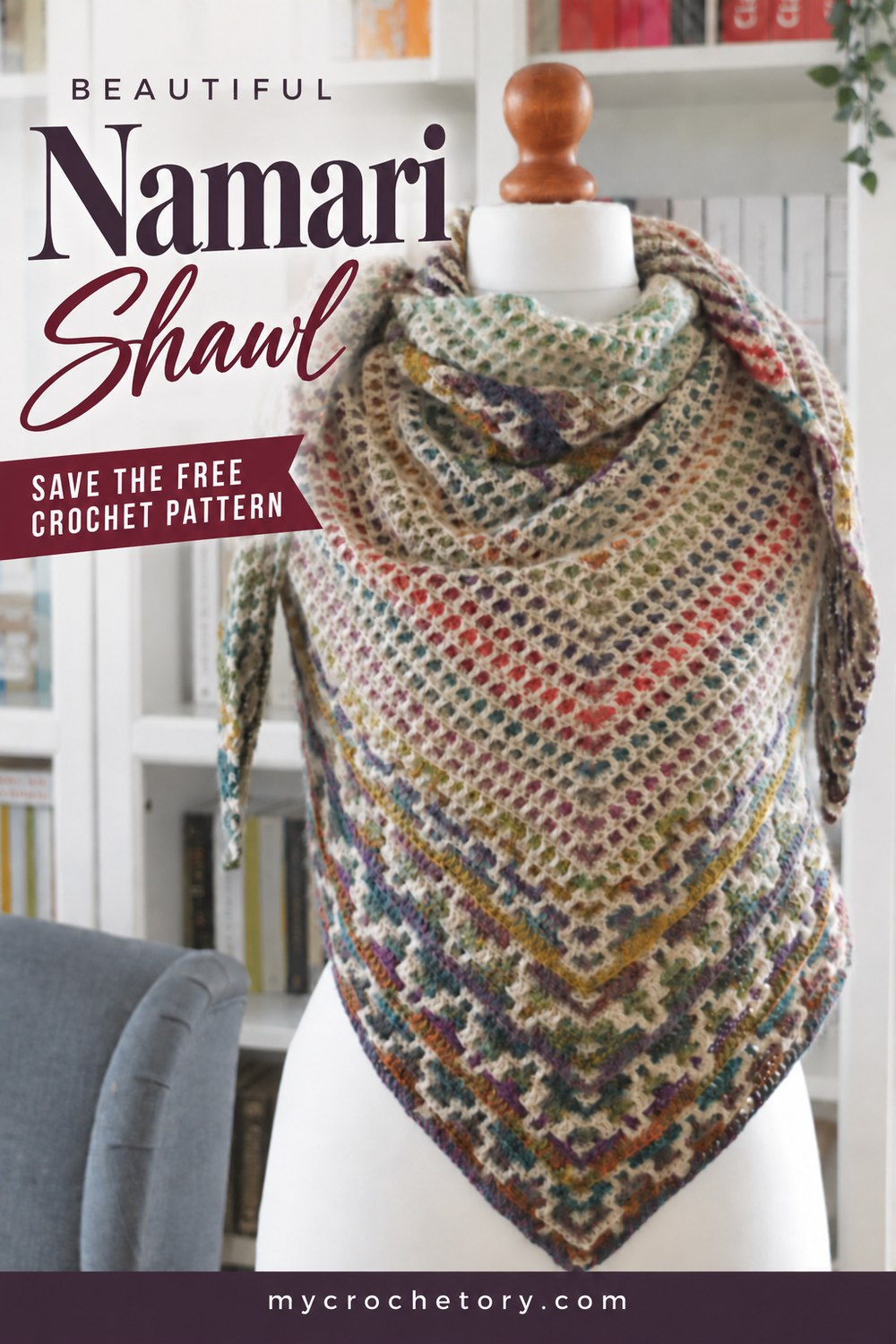 Namari mosaic crochet shawl, a free triangle shawl pattern with dots and a zigzag band