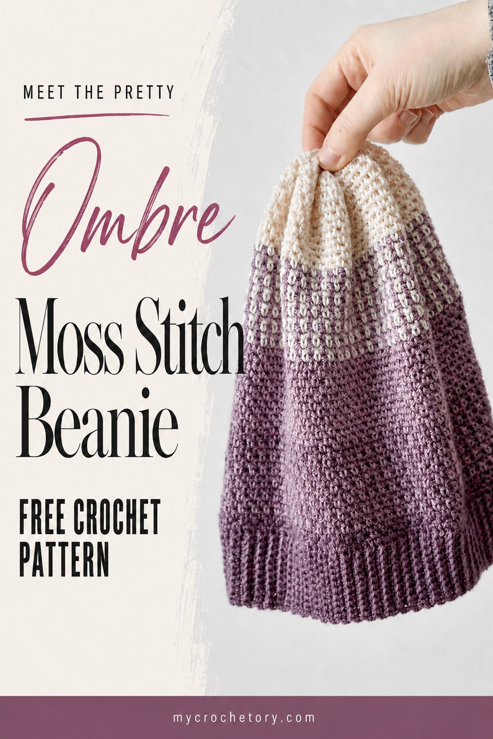 Moss stitch beanie pin: a hand holding the Ombre Moss Stitch Beanie, free crochet pattern