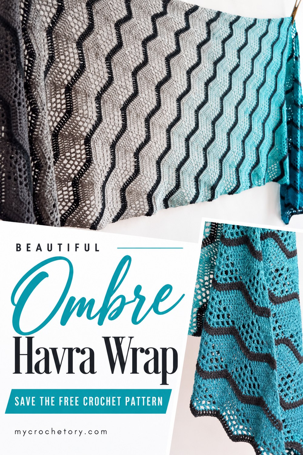 Pin for the Havra ombre crochet wrap free pattern with gray, turquoise and black chevrons