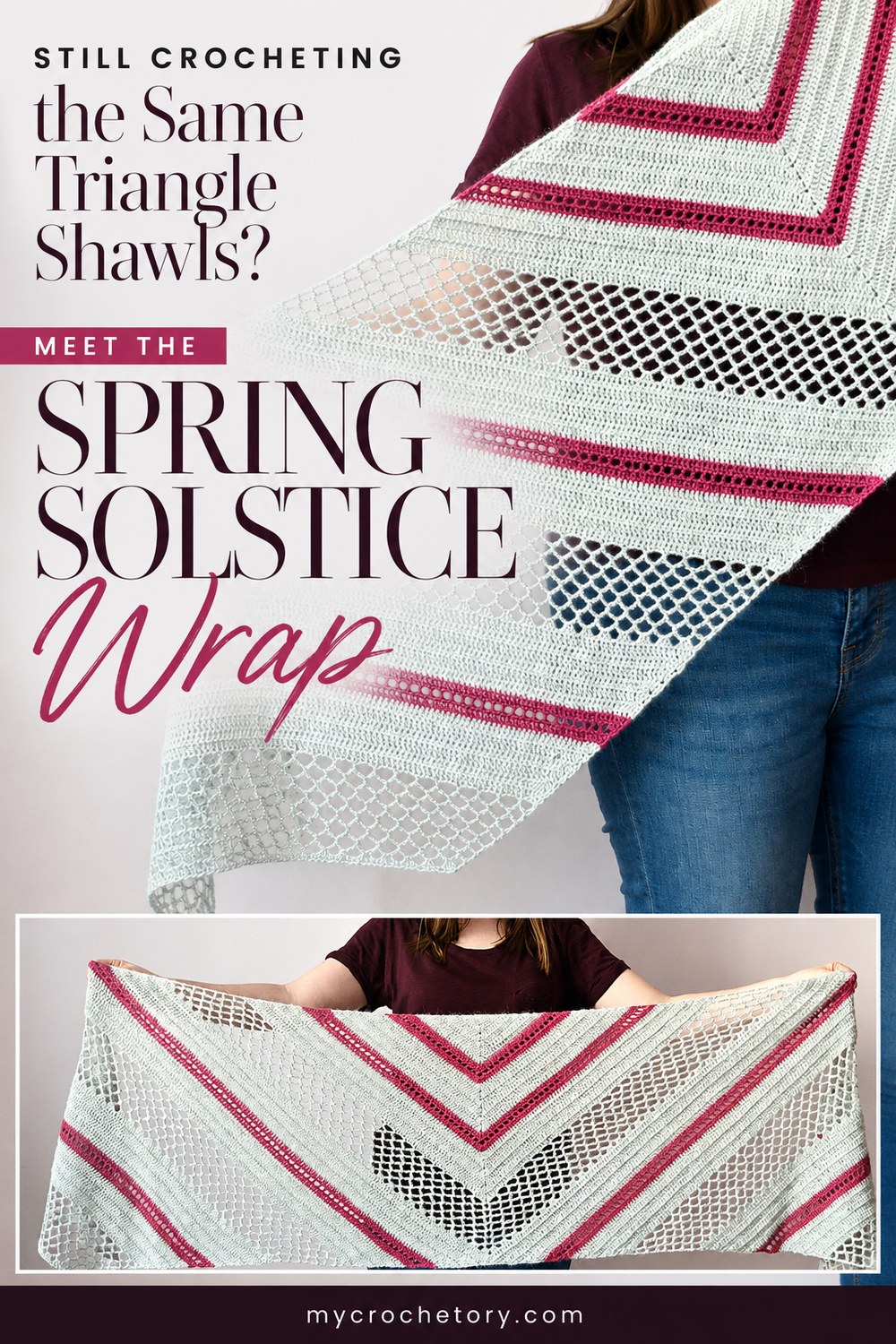 Crochet trapezoid wrap pin: the Spring Solstice Wrap in gray and dark pink, free crochet pattern