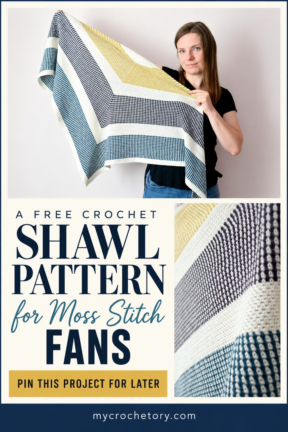 A free crochet shawl pattern for moss stitch fans pin, woman holding the striped Triangle Moss Stitch Shawl