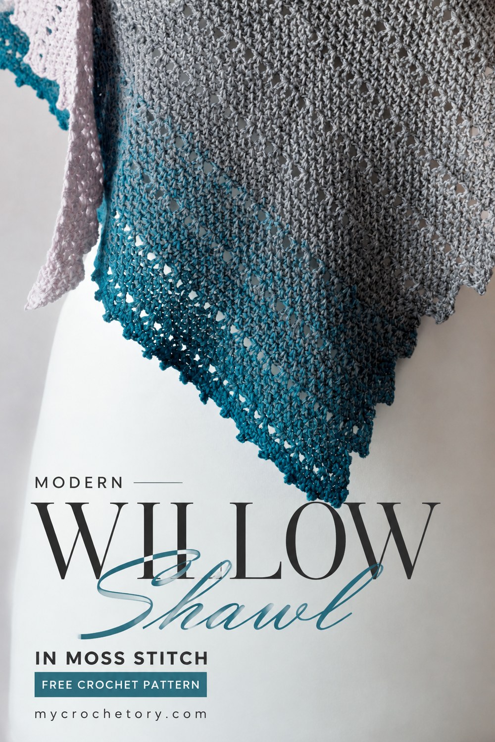 Modern Willow Shawl in moss stitch pin, free crochet pattern for an asymmetrical shawl