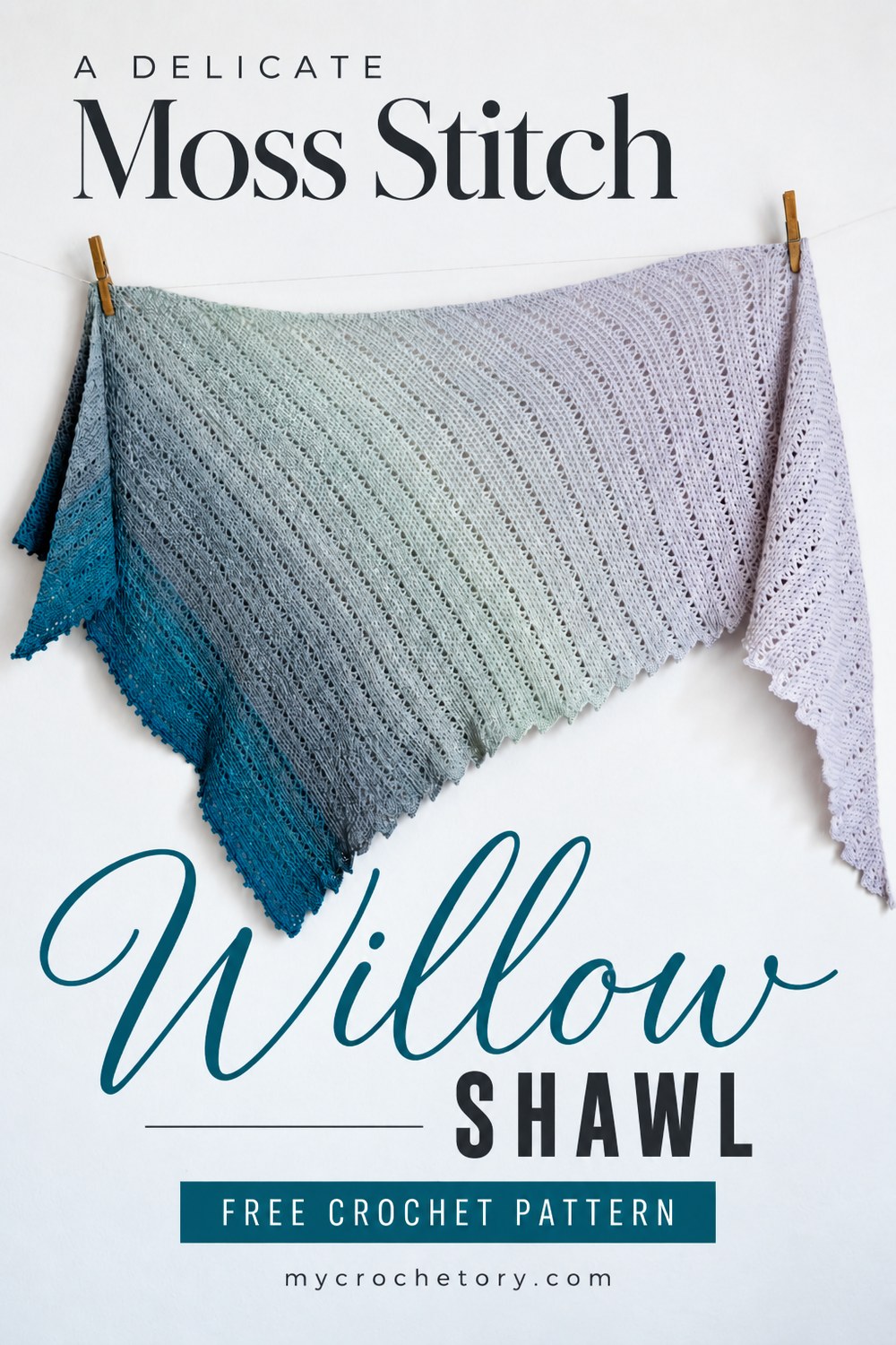 A delicate moss stitch Willow Shawl pin, free crochet pattern for an asymmetrical shawl in gradient yarn