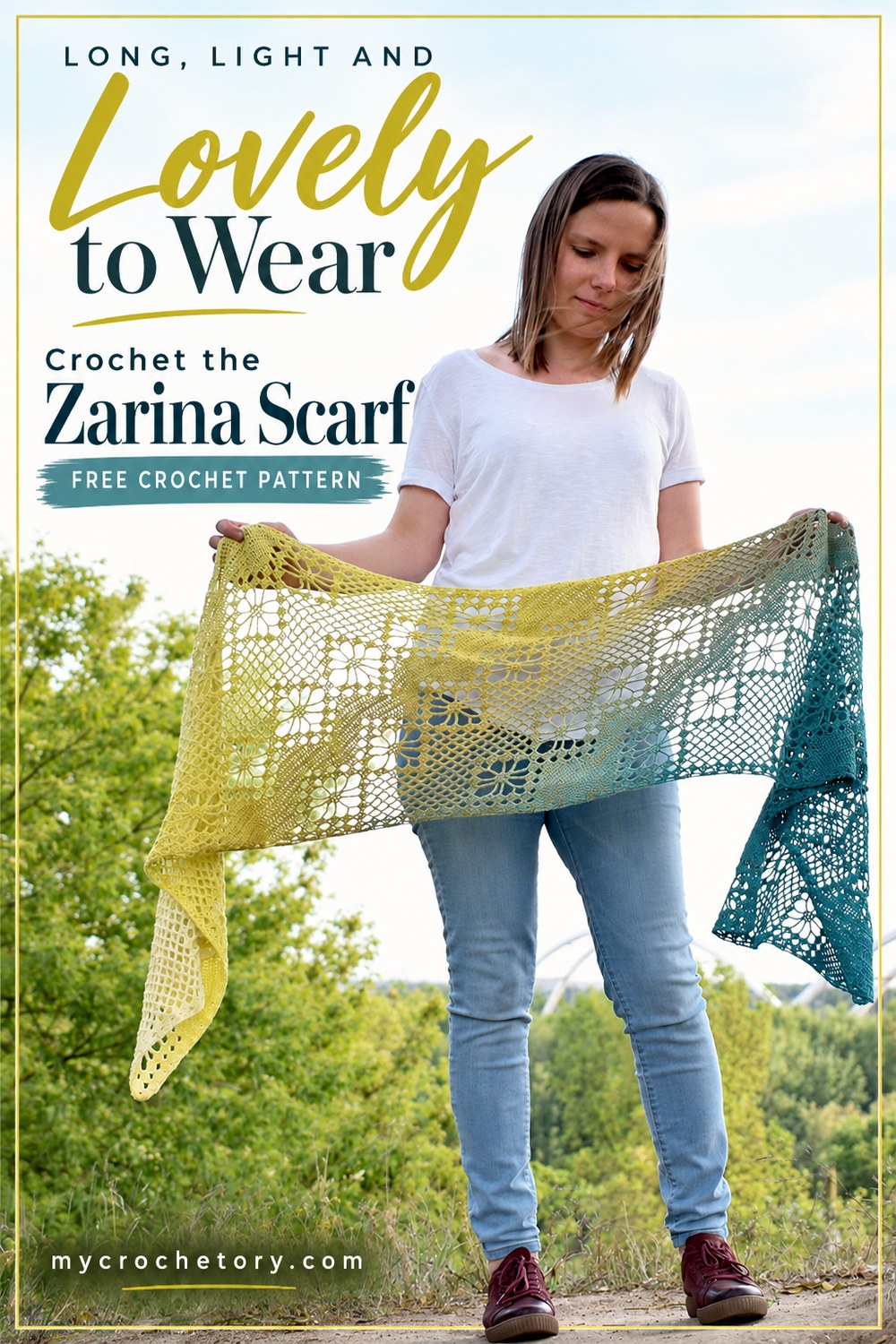 Pin for the Zarina corner to corner crochet scarf, a yellow and teal lace scarf worn by a river